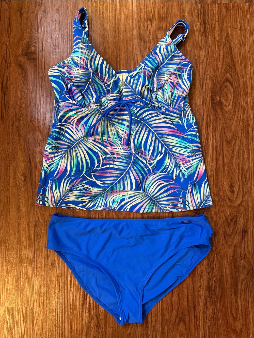 Blue Palm-Print Tankini Top with Solid Blue Bikini Bottoms